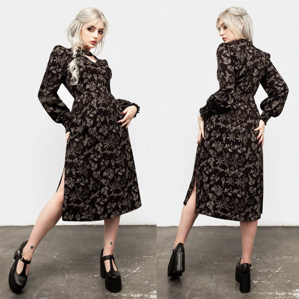 Disturbia Womens Goth Poisonous Plant Puff Sleeve Midi Dress Black Size US 12 - Picture 3 of 16